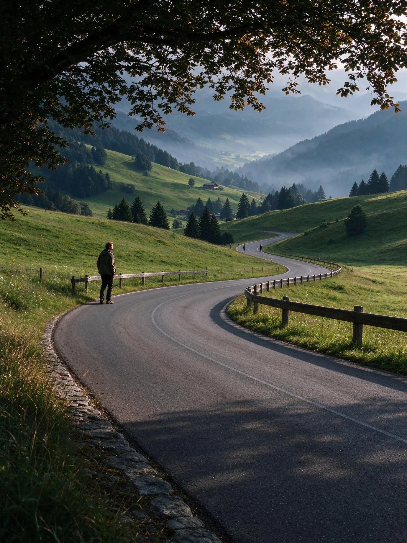 Asphaltierte Strasse durch die voralpine Hügellandschaft der Region Einsiedeln